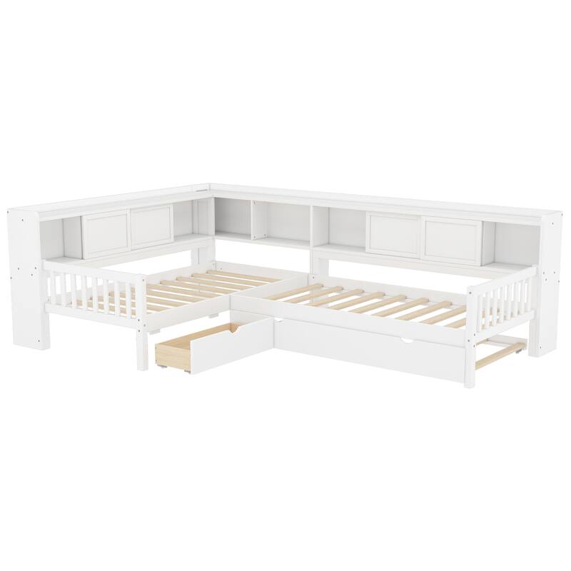 L Shaped Twin Platform Bed with Pull Out Trundle and Drawer, Solid Wood Twin Size Bed Frame with L Shaped Storage Bookcases
