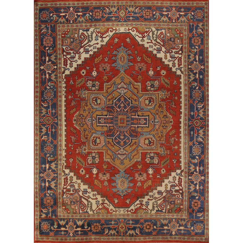 Heriz Serapi Indian Rug Hand-Knotted Medallion Orange Wool Carpet - 9'0"x 11'11"