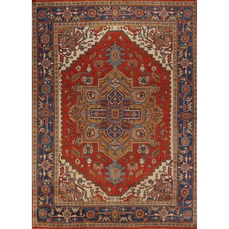 Heriz Serapi Indian Rug Hand-Knotted Medallion Orange Wool Carpet - 9'0"x 11'11"