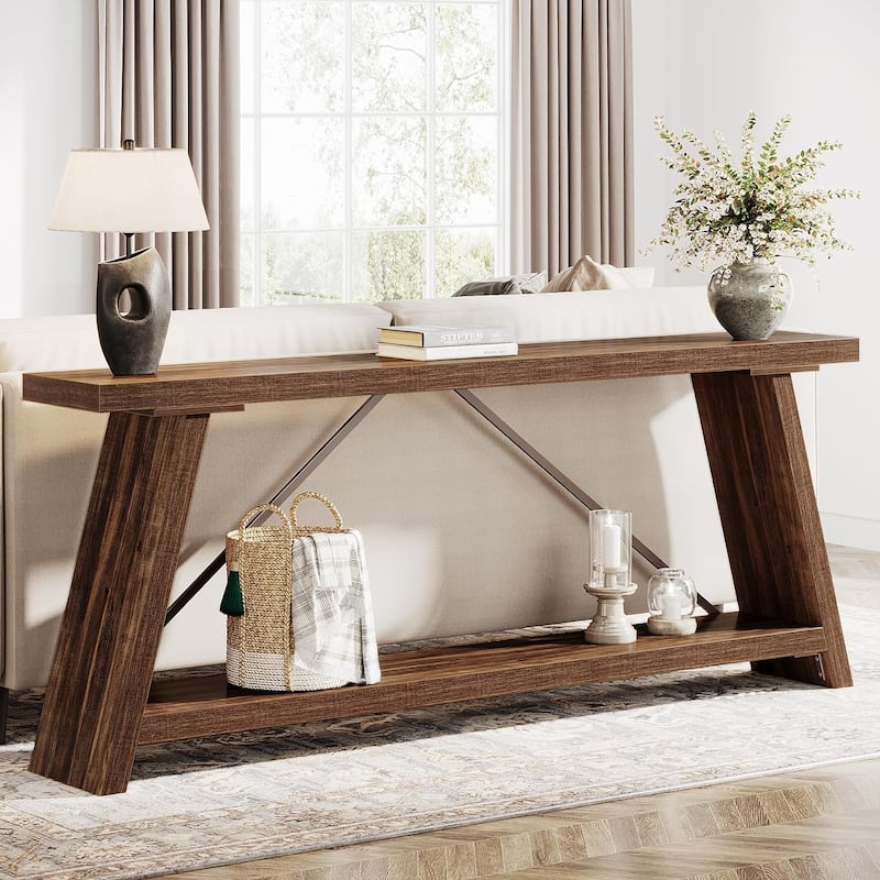 70.9 Inches Long Rustic Wood Console Sofa Table with Storage Shelf - Dark Brown