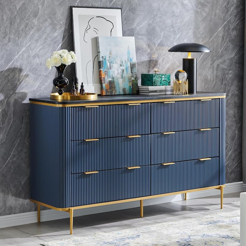 Modern Fluted 6 Drawers Dresser for Bedroom, 54" Dresser TV Stand - Navy Blue