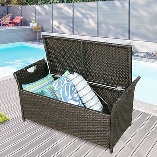 View of Patio Wicker Storage Bench Outdoor Rattan Deck Storage Box w/ cushion ...