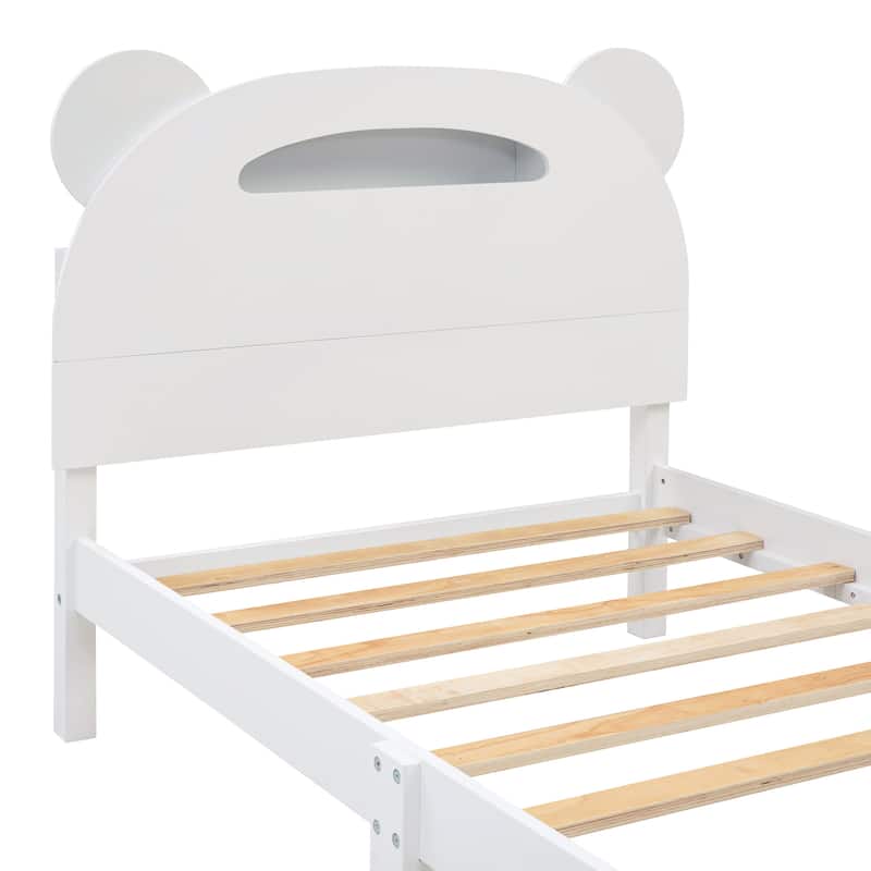 Wood Platform Bed with Bearshaped Headboard,Bed with Motion Activated