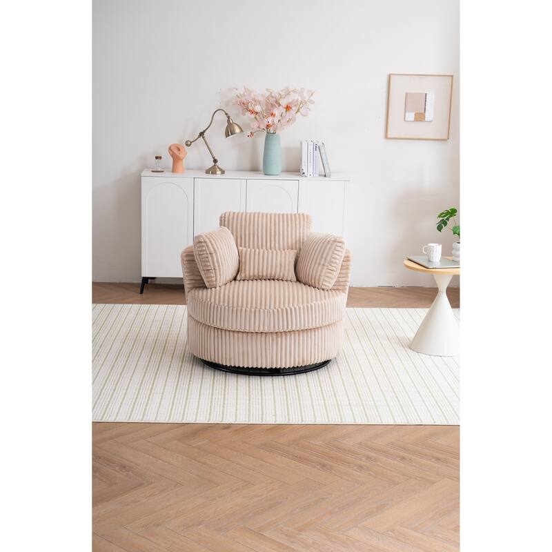 Corduroy Swivel Barrel Chair, Ergonomic Upholstered Round Armchair, Reading Sofa Chair with 3 Pillows & Thick Cushion