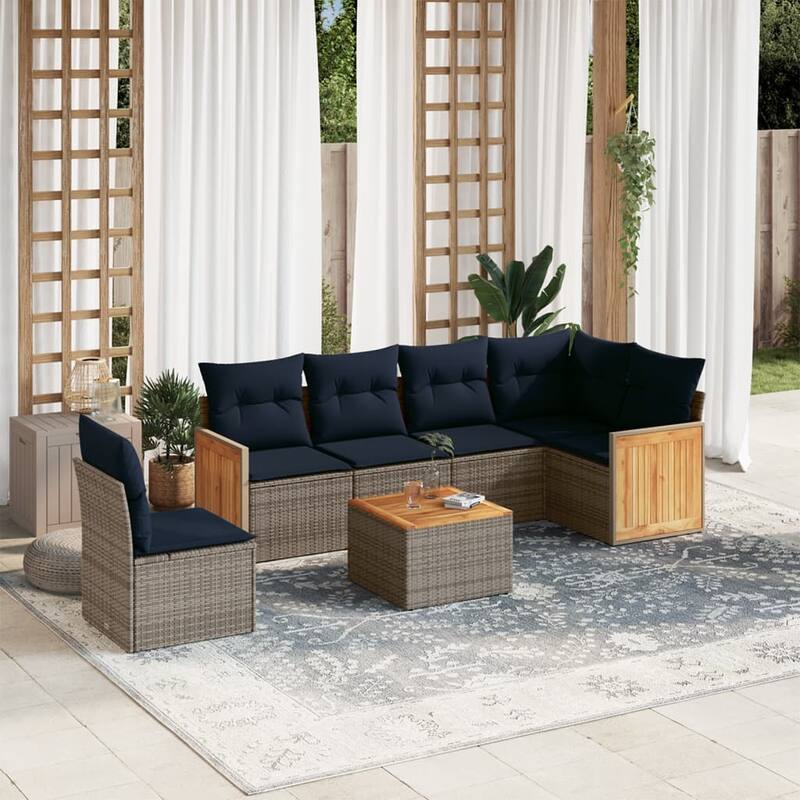 vidaXL 7 Piece Patio Sofa Set with Cushions Gray Poly Rattan - 114.6x27.2x91.0