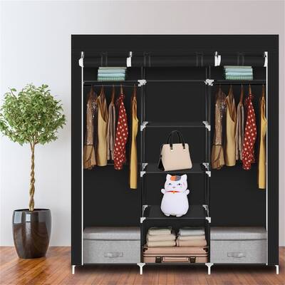 69" Clothes Closet Portable Fabric Wardrobe Double Rod Storage Black