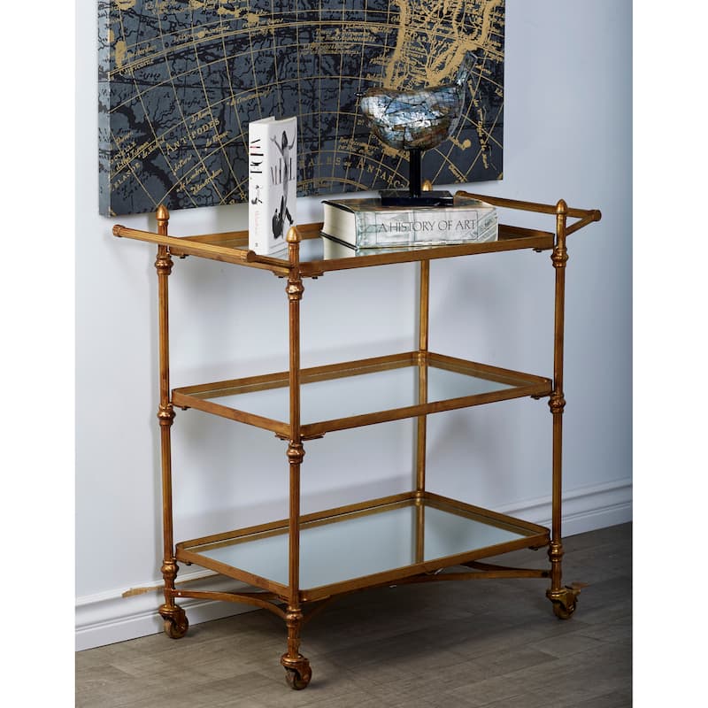 Metal Rolling 3 Mirrored Shelves Bar Cart with Handles - Brass - Roche River Decor - 18"W x 35"L x 33"H