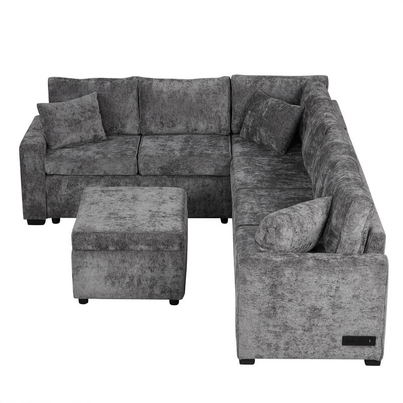 112.2" L-Shaped 6 Seater Sectional Sofa with Pull-Out Bed, Storage Ottoman, 3 Back Pillows, and USB Charging Ports