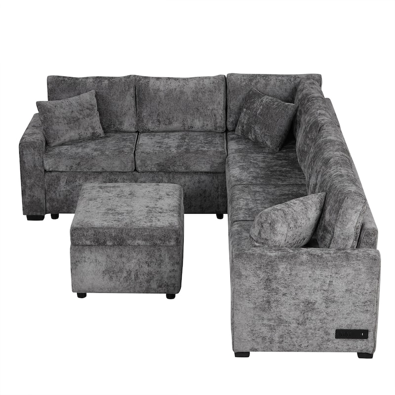 112.2" Sectional Sofa Pull-out Sofa Bed Sleeper with a Storage Ottoman,Three Pillows and Charging Devices for Living Room, Cream