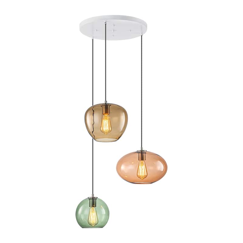 3-Light Modern Vintage Cluster White Pendant Light with Colored Glass Globe Shades - 23.62 in. W x 23.62 in. D