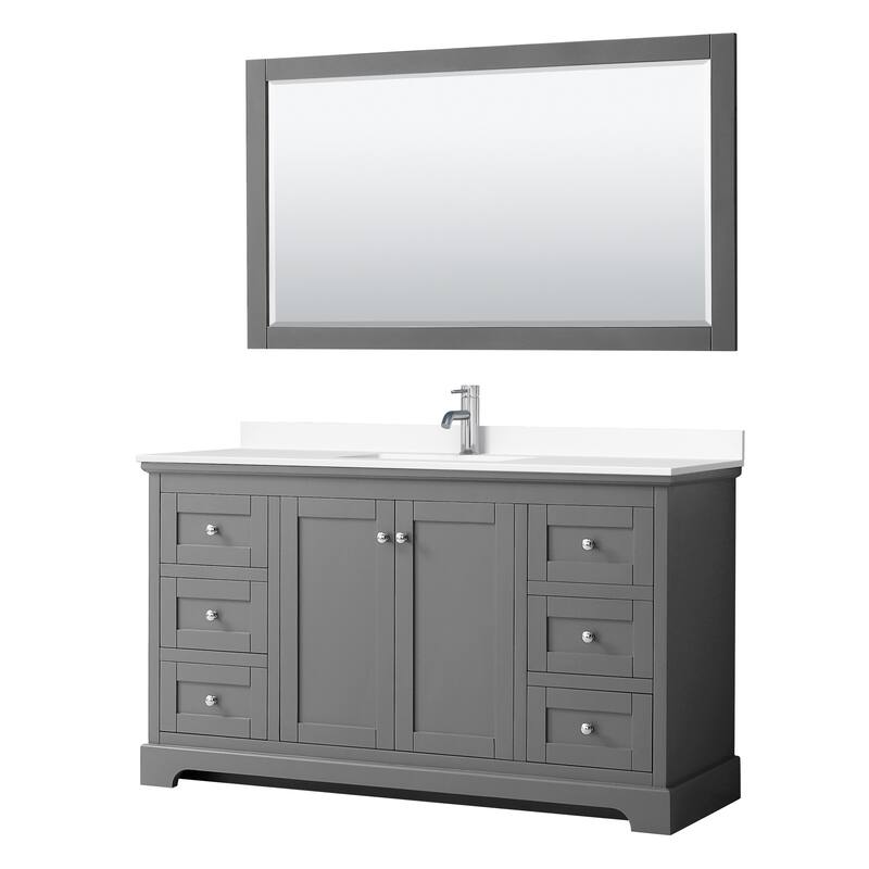 Avery 60 Inch Single Vanity, Cultured Marble Top, 58 Inch Mirror - Dark Gray, Chrome Trim, White Cultured Marble Top