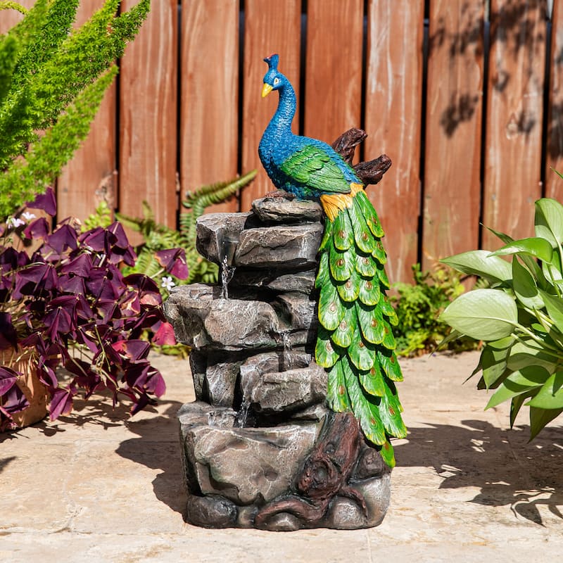 Glitzhome 20.5"H 4-Tierd Lighted Peacock Stacked Stones Polyresin Outdoor Floor Fountain