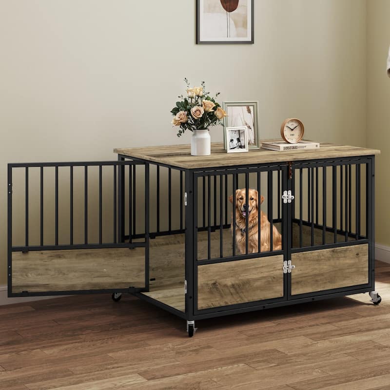 38"/43" Dog Crate Furniture Cage Table with Wheels And Double Doors