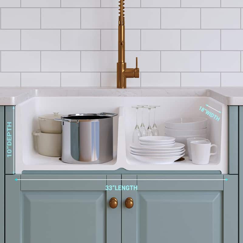 33x18 Crestwood Farmhouse Sink, White Fireclay, Double Bowl Apron Front