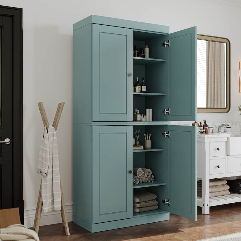 Palace Imports 100% Solid Wood Bathroom & Laundry Storage Cabinet, Raised Panel Doors, Adjustable Shelves, 32" Wide, 71.5" Tall - Aqua Blue