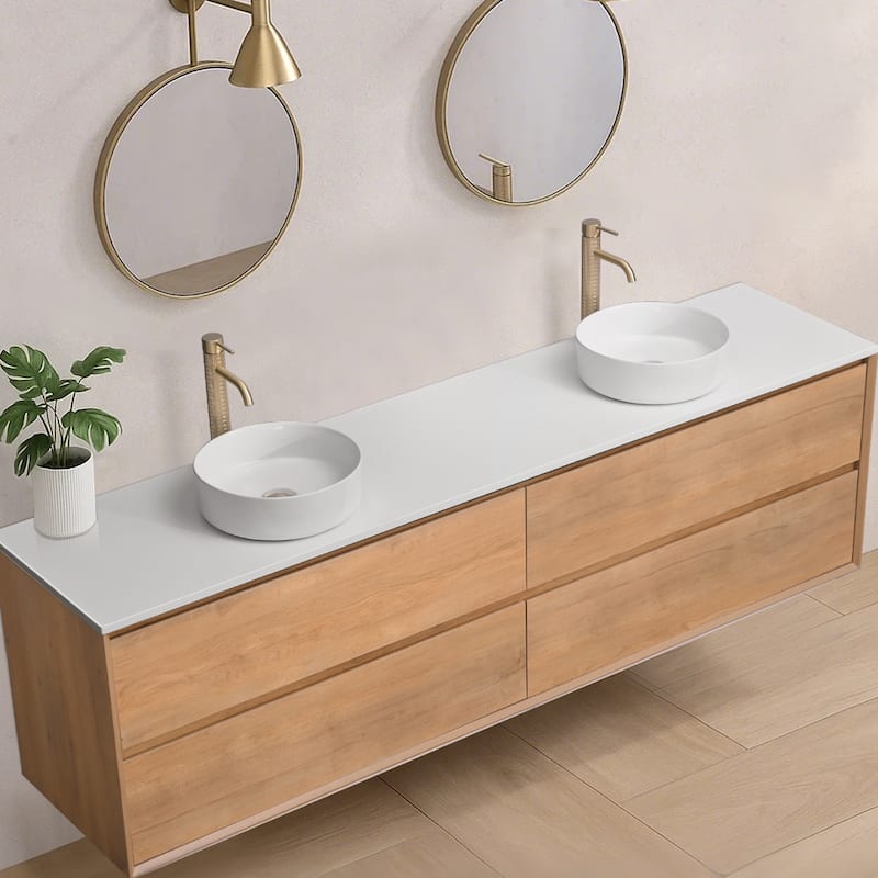 84" Floating Bathroom Vanity Quartz Counter Top with Double Ceramic Vessel Sink