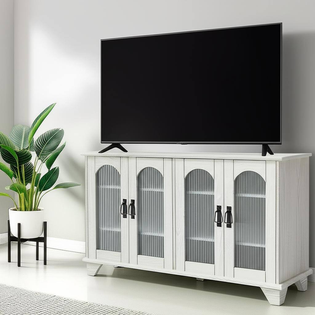 HomeRoots 45" White Ribbed Textured Glass And Wood Enclosed Storage TV Stand - 45 in. x 23 in. x 16 in.