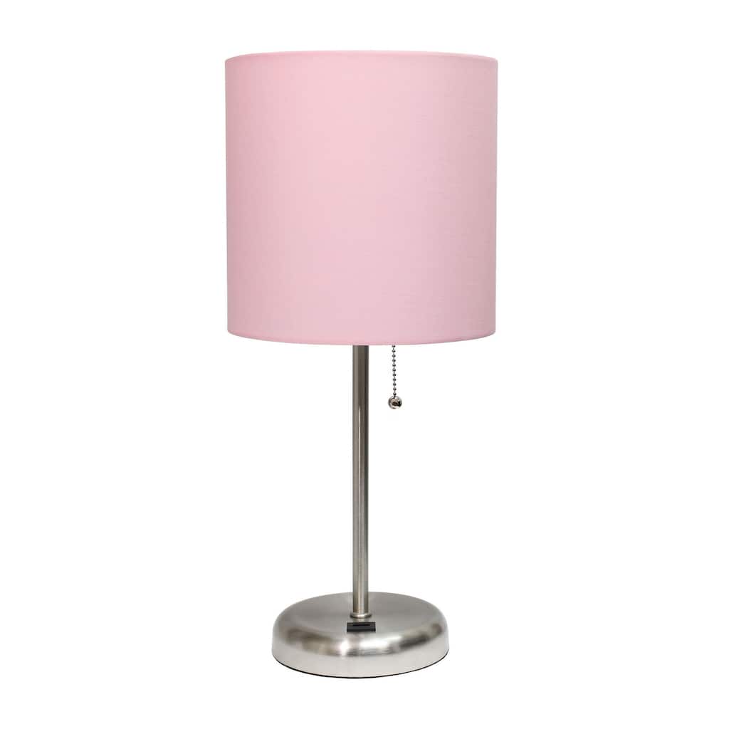 Creekwood Home Oslo 19.5" Bedside Usb Port Feature Metal Desk Lamp - Brushed Steel/Light Pink Shade - 9x9x15