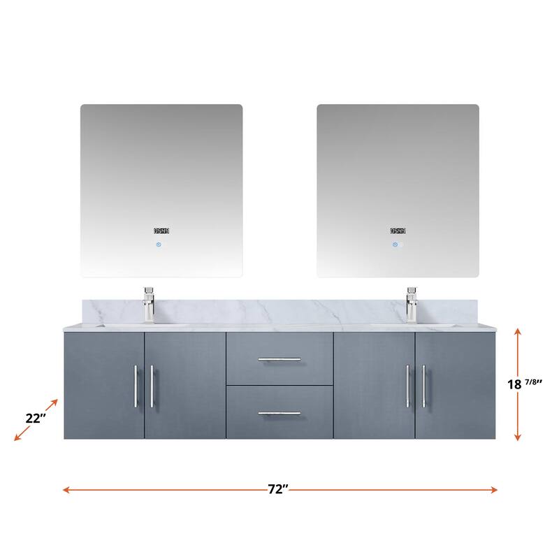 Geneva 72 in. W x 22 in. D Glossy White Double Bath Vanity, Carrara Marble Top, and 30 in. LED Mirrors