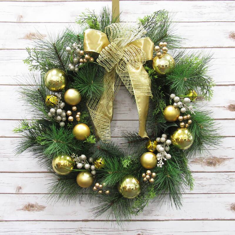 Deluxe Gold Artificial Ornament Bell Berry & Pine Christmas Wreath 24in - 24" L x 24" W x 6" DP