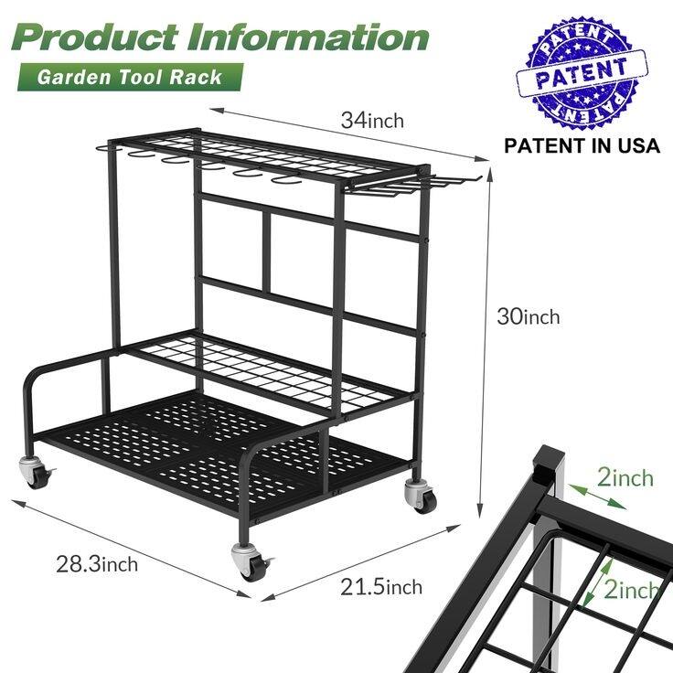 Garden Tool Organizer Rack with Wheels and 12 Hooks, Holds 39 Tools for Garage, Shed, Patio
