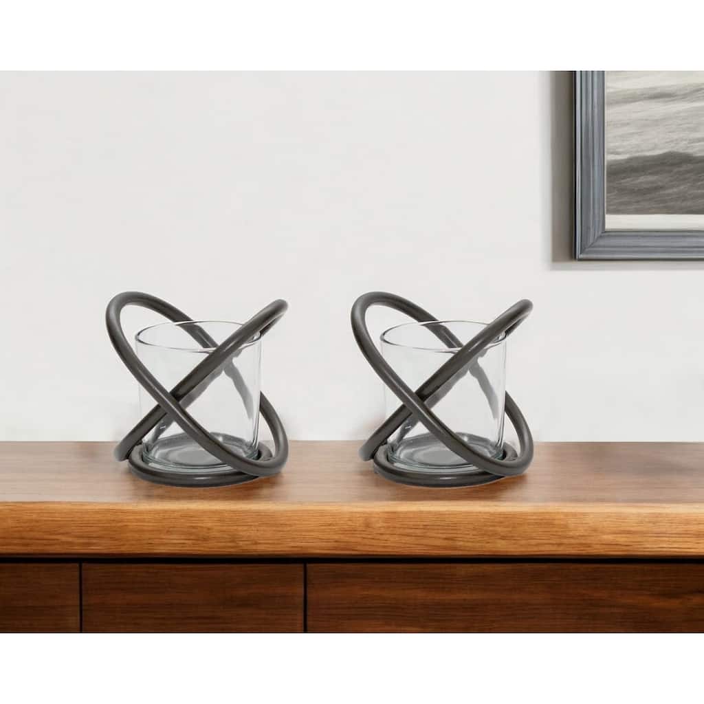 Set of Two Clear and Black Glass and Metal Tabletop Votive Candle Holders - One Size