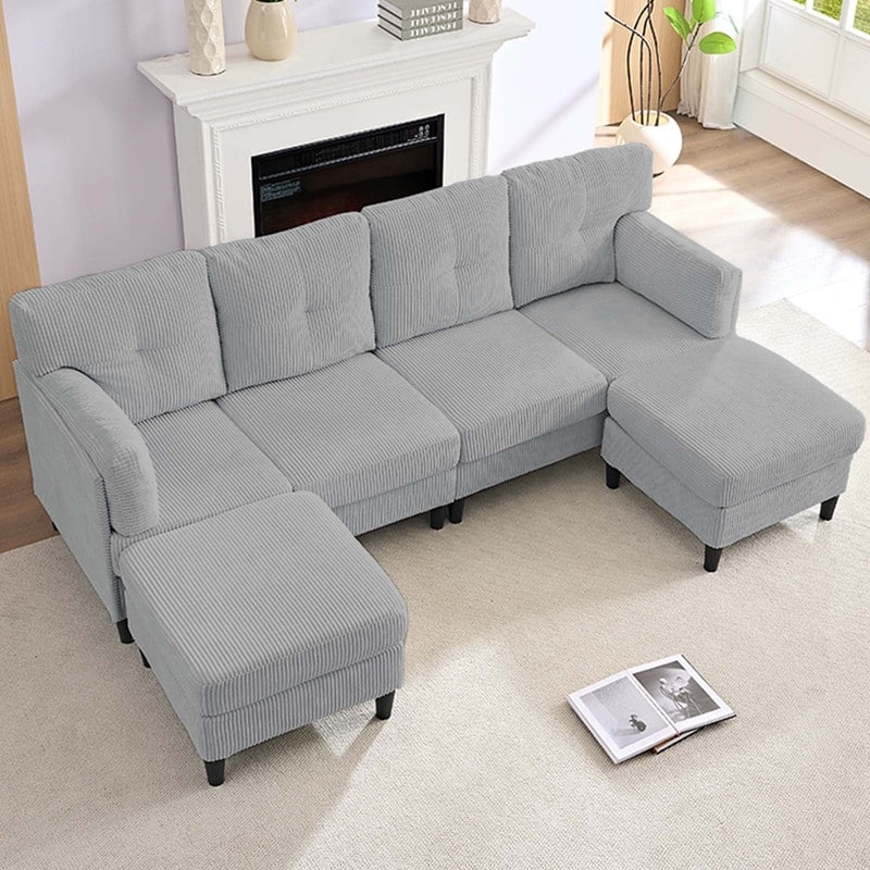 Mixoy Corduroy U-Shape Modular Convertible Sectional Sofa,Upholstered 4-Seater Sofa Couch with Movable Ottoman - U-Shape Sofa - Light Grey