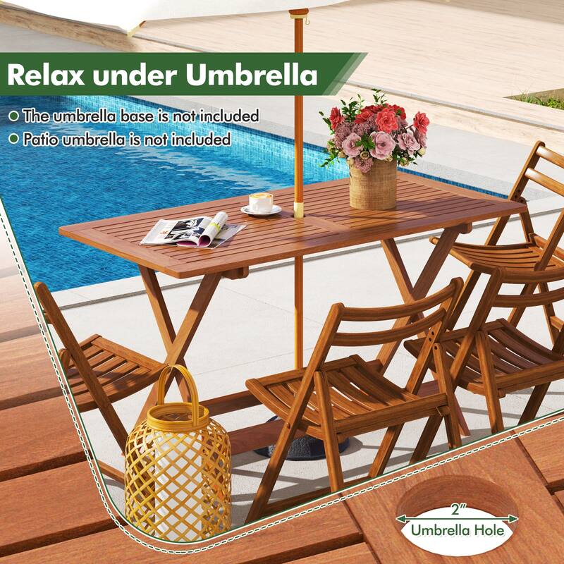 Gymax 54.5'' x 27.5'' Patio Dining Table w/ Teak Painting 2'' Umbrella
