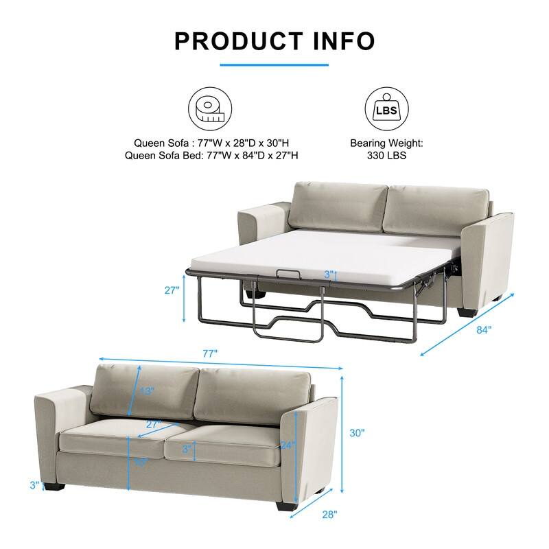 MIxoy Modern Velvet Queen Size 2-in-1 Pull Out Sleep Sofa Bed