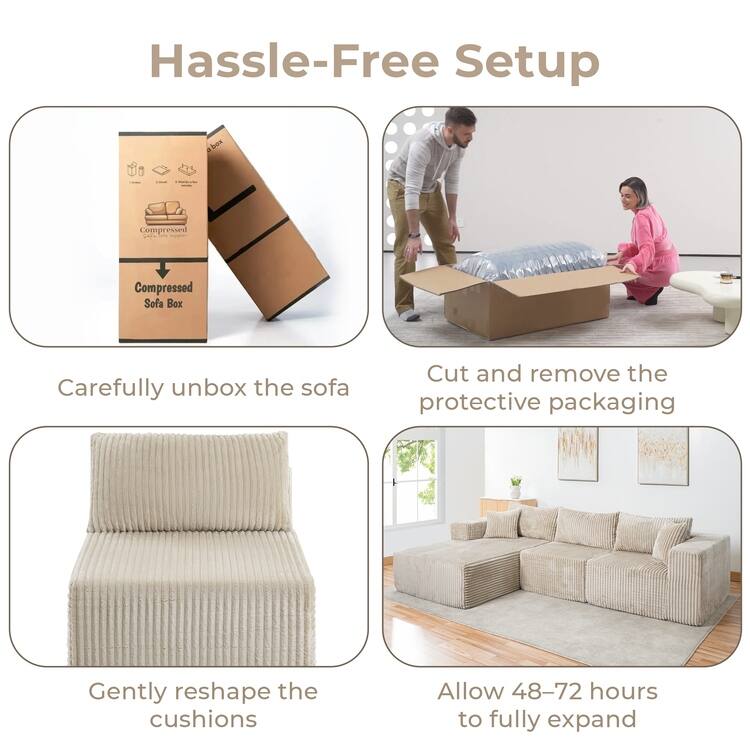 110" Modular Cloud Couch Sectional Sofa - Deep Seat Corduroy L-Shape Couch - Boneless Compressed Sofa