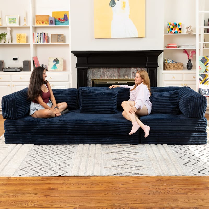 Jaxx Unsofa Modular Convertible Sectional Sofa with Fold Out King Sleeper Bed - 3-Seat Sofa. - Faux Fur Midnight Blue