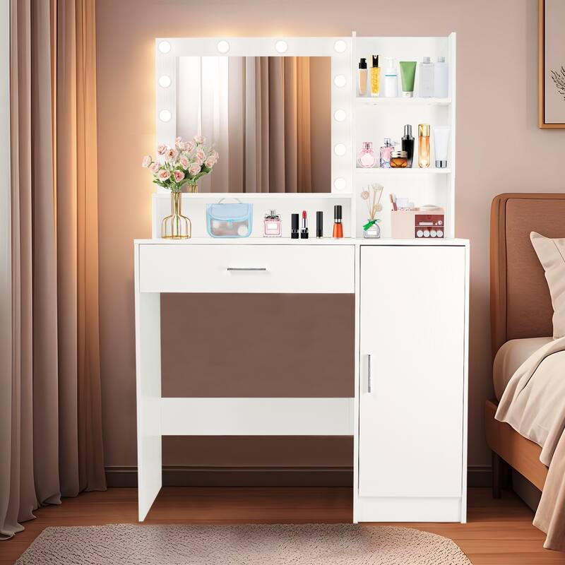 Vanity Desk with Mirror & Lights, Multifunctional Dressing Table Set, Makeup Desk with Open Shelves, Drawer & Storage Cabinet
