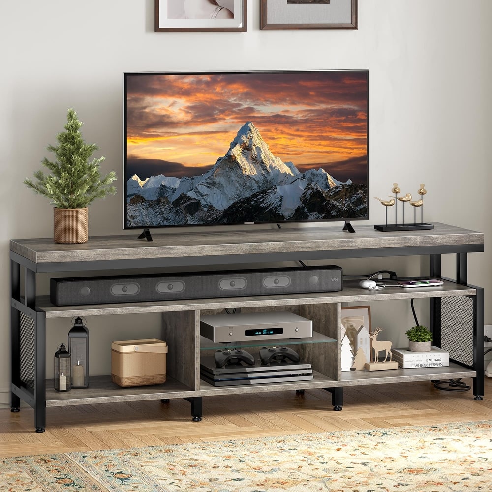 Industrial Wood TV Stand with LED Light with Open Storage Shelves Power Outlets Bluetooth Remote