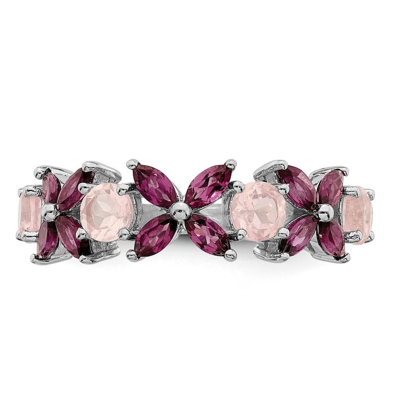 Curata 925 Sterling Silver Rhodium Plated Rose Quartz and Rhodolite Ring