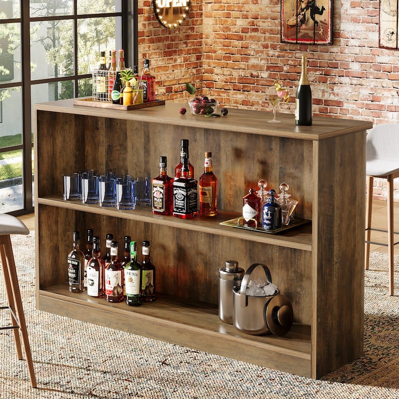 63-Inch Home Bar Table with 2-Tier Storage Shelves - 41.34" D x 63" W x 15.75" H