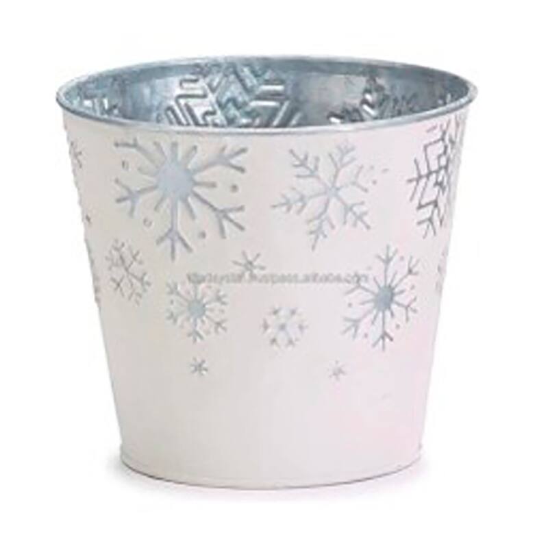 White Metal Galvanized Christmas Planter with Snowflakes, 7" Height, 7.25" Width, Set of 2