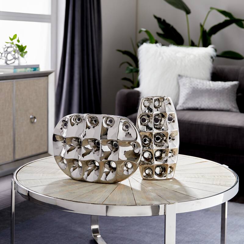 Silver Ceramic Decorative Vase with Cut Out Designs - 8 x 4 x 14