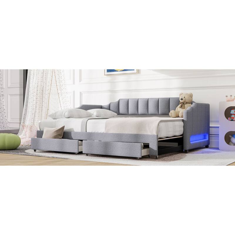 Roomfitters Twin XL Upholstered Daybed with LED Lights and 2 Storage Drawers, Extendable Pull-Out Sofa Bed Frame