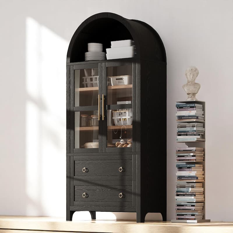 Farmhouse 71" Tall Arched Pantry Cabinet with 2 Drawers, Glass Door, Adjustable Shelves for Kitchen or Dining - Black