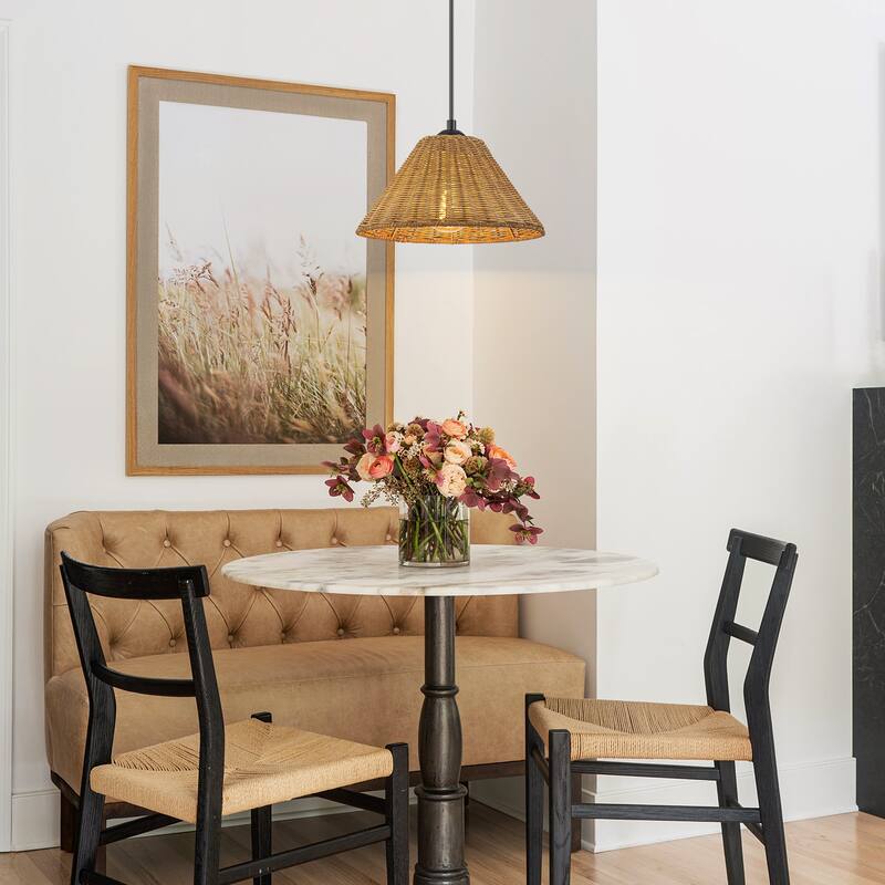 1-Light Farmhouse Straw Hat Hand Woven Chandelier with Natural Rattan Shade