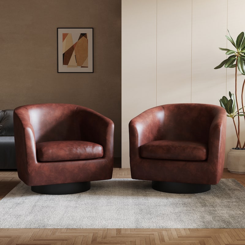2 Set Round Barrel Chair 360-Degree Swivel Accent Chairs - 31.1" x 29.15"x 29.15" - Red Brown(PU)