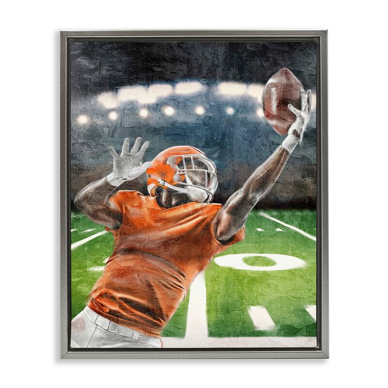 Stupell Athlete Catching Football Framed Floater Canvas Wall Art Design By Kim Allen - 17 x 21 - Grey