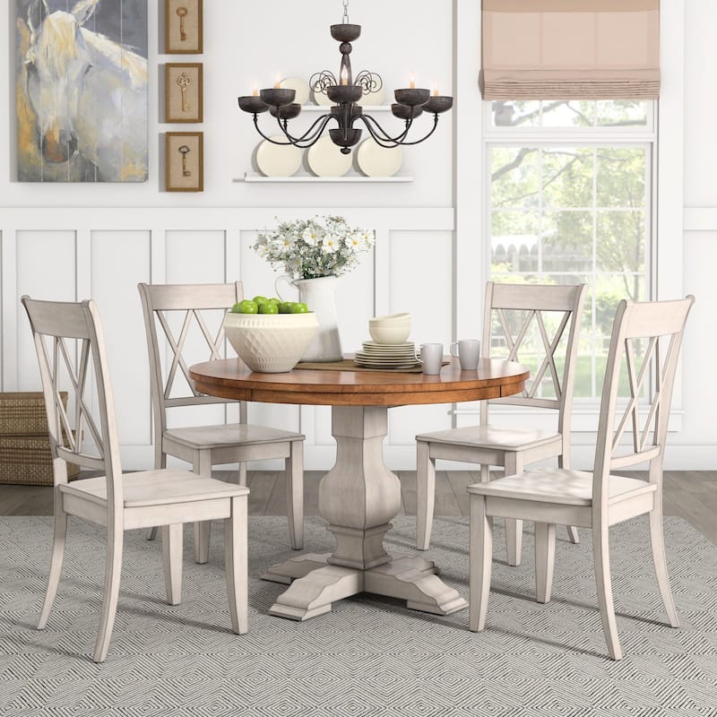 Eleanor Antique White Round Solid Wood Top 5-Piece Dining Set - X Back by iNSPIRE Q Classic - Antique White Table - Antique White Chairs