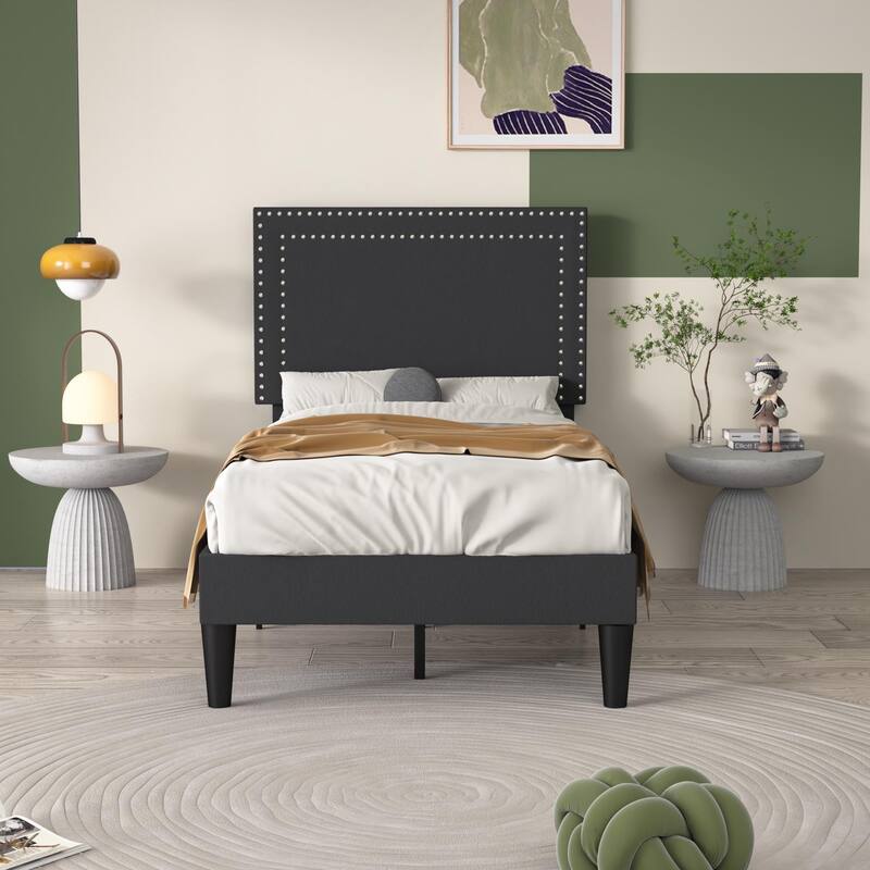 VECELO Upholstered Bed Frames with Height Adjustable Headboard