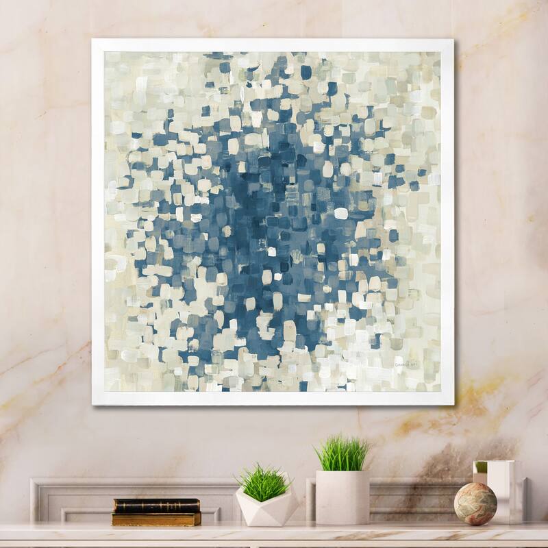 Designart "Geometric Blue Spots" Modern & Contemporary Framed Art Print - 30 in. wide x 30 in. high - White