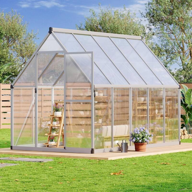 6 x 9 FT Walk-in Outdoor Greenhouse with Lockable Door for Garden Planting, Sliver - Metal