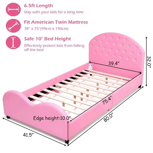 Costway Kids Children PU Upholstered Platform Wooden Princess Bed