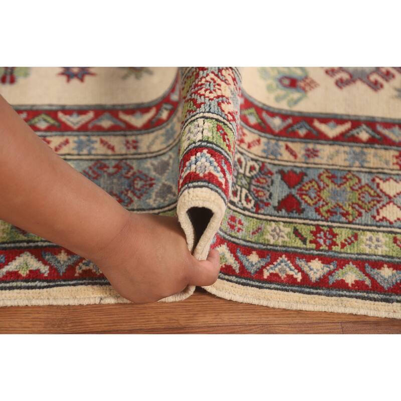 Geometric Beige Kazak Area Rug Handmade Wool Carpet - 5'1" x 6'4"