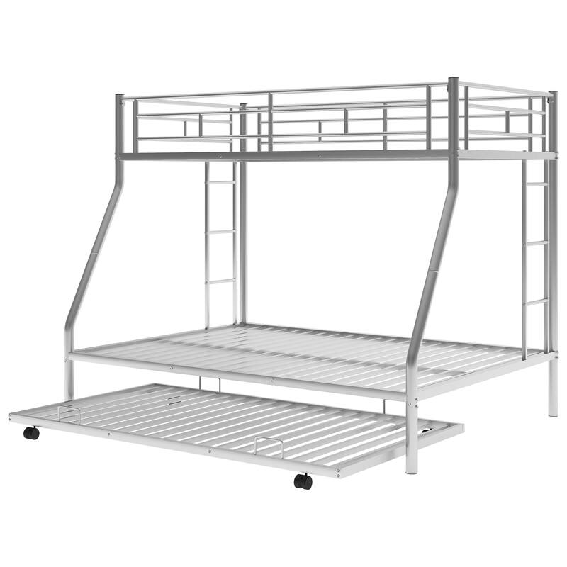 Twin over Full Bunk Bed with Trundle, Two-Side Ladders, Silver Finish