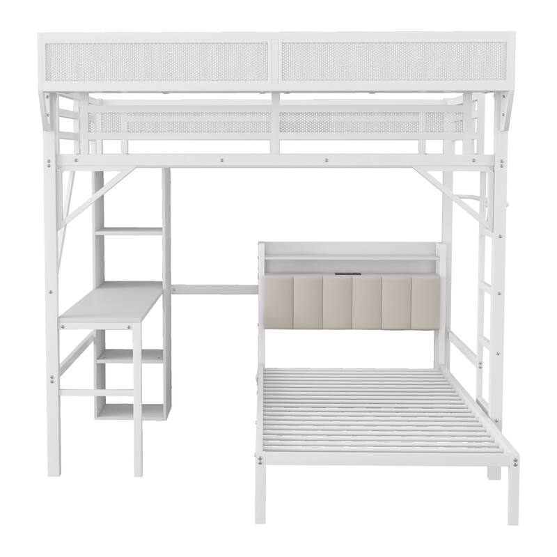 Full over Twin Metal Bunk Bed with Desk and Bookshelves,Detachable Metal Bunk Bed with LED and Charge Station